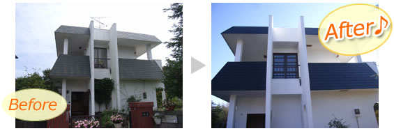 光触媒塗料による塗装事例。ブルーの屋根と真っ白な外壁。