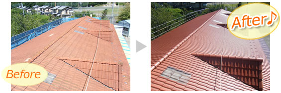 洋瓦の屋根の塗り替え事例。塗装前に下地を整え、きれいな仕上がり。